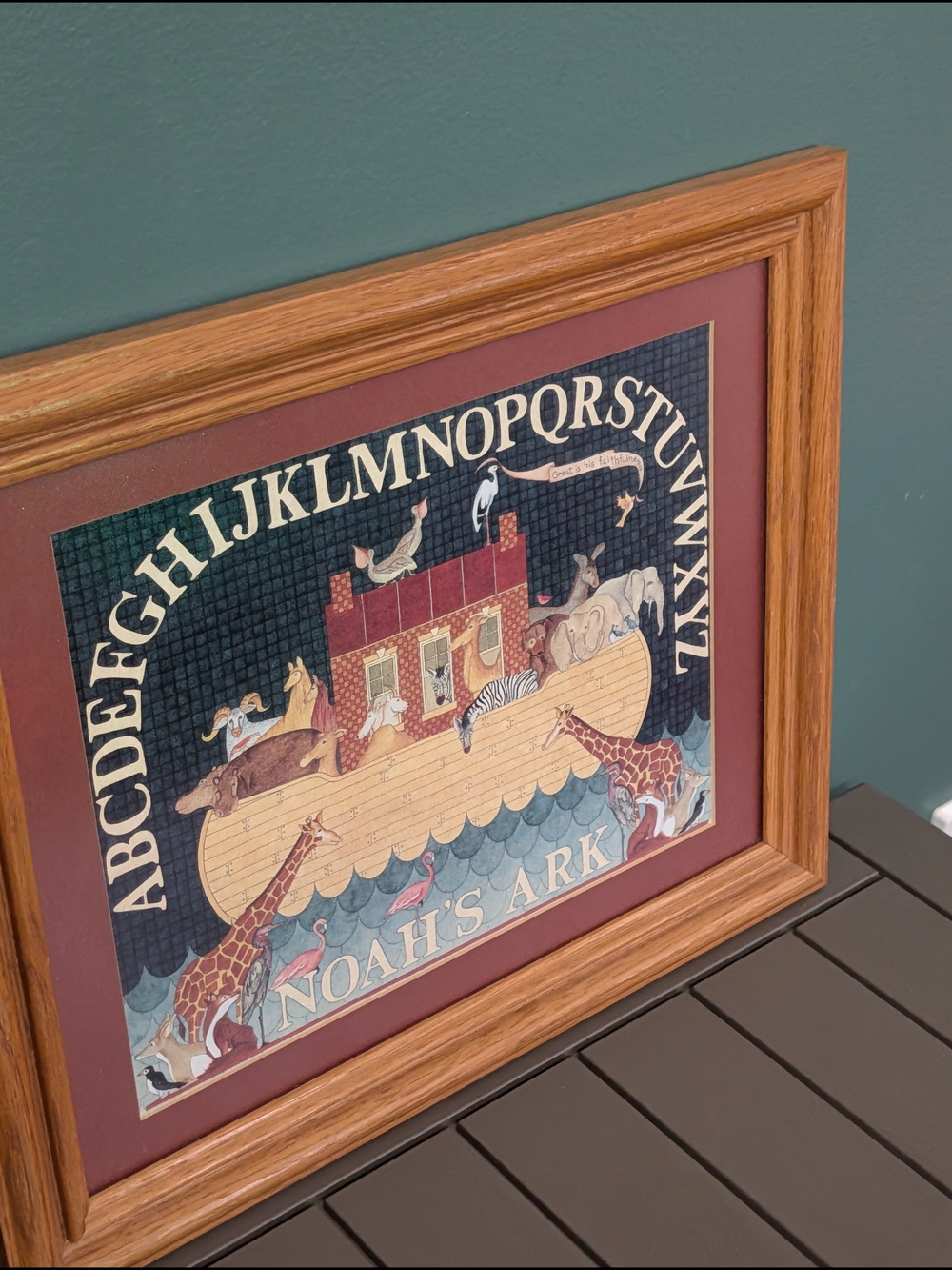 Vintage(1990) Ellen Stouffer ~ Noah's Ark Framed Wall Art With ABC Border - Picture 2 of 12